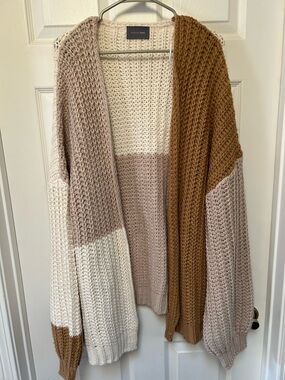 Colorblock Open Knit Cardigan Sweater - Cream, Beige & Brown